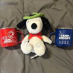 Peanuts Snoopy Plush with Red and Blue Camp Snoopy Mugs